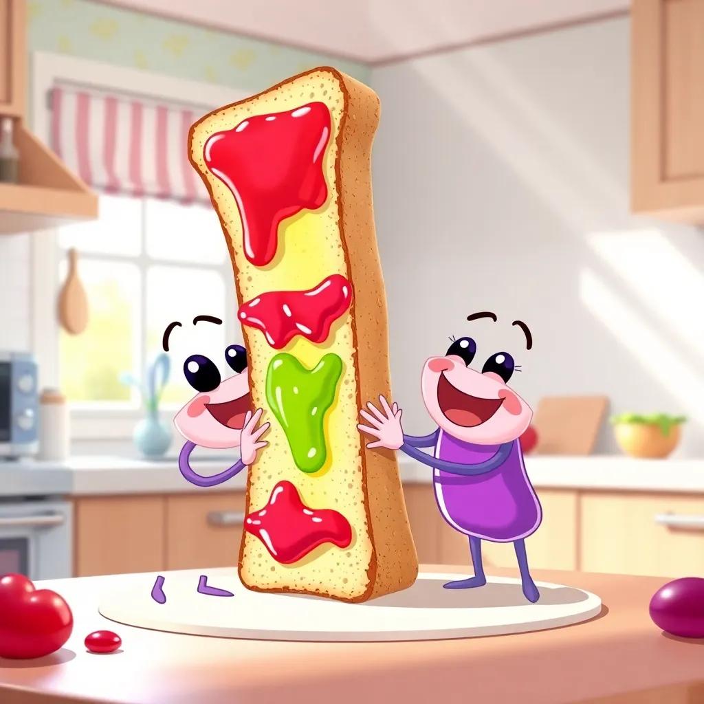 Jelly layering jelly and jam on the bread, the tall sandwich wobbling, both characters are giggling, kitchen background with sunlight streaming in, playful scene, colorful, child-friendly
