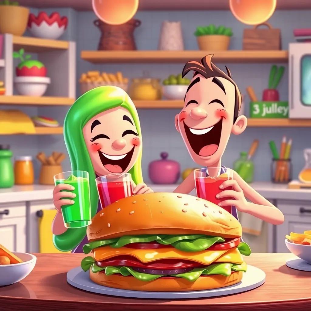 Jelly and Benny with shiny juice cups, laughing and cheering with the big sandwich in front of them, a happy kitchen filled with colorful snacks, illustration, joyful, **warm lighting**