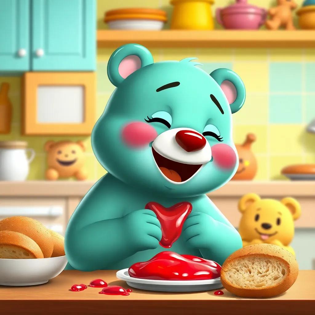 Jelly the bear with jelly on her face, giggling, in a playful kitchen setting with happy colors and bread around, Benny laughing beside her, joyful and fun, digital art, high quality