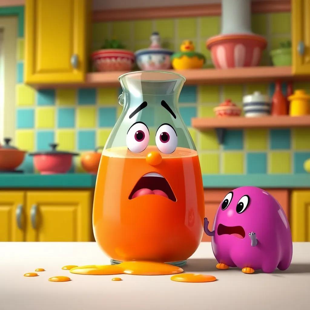 Benny the juice jug with a surprised face after spilling juice, in a colorful kitchen with Jelly beside him, both in a hilarious moment, like a comedic cartoon, child-friendly