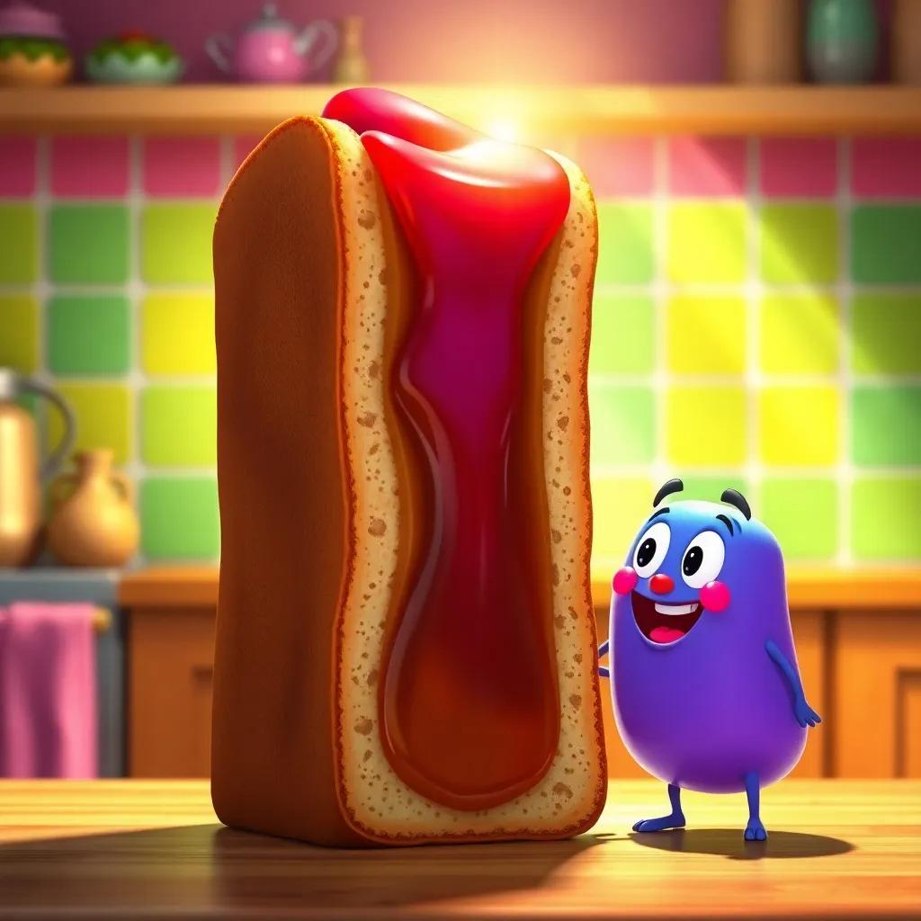 A tall jam sandwich with jelly shining, Jelly and Benny looking at it amazed, a colorful kitchen backdrop with sunlight shining, joyful atmosphere, digital art, bright colors