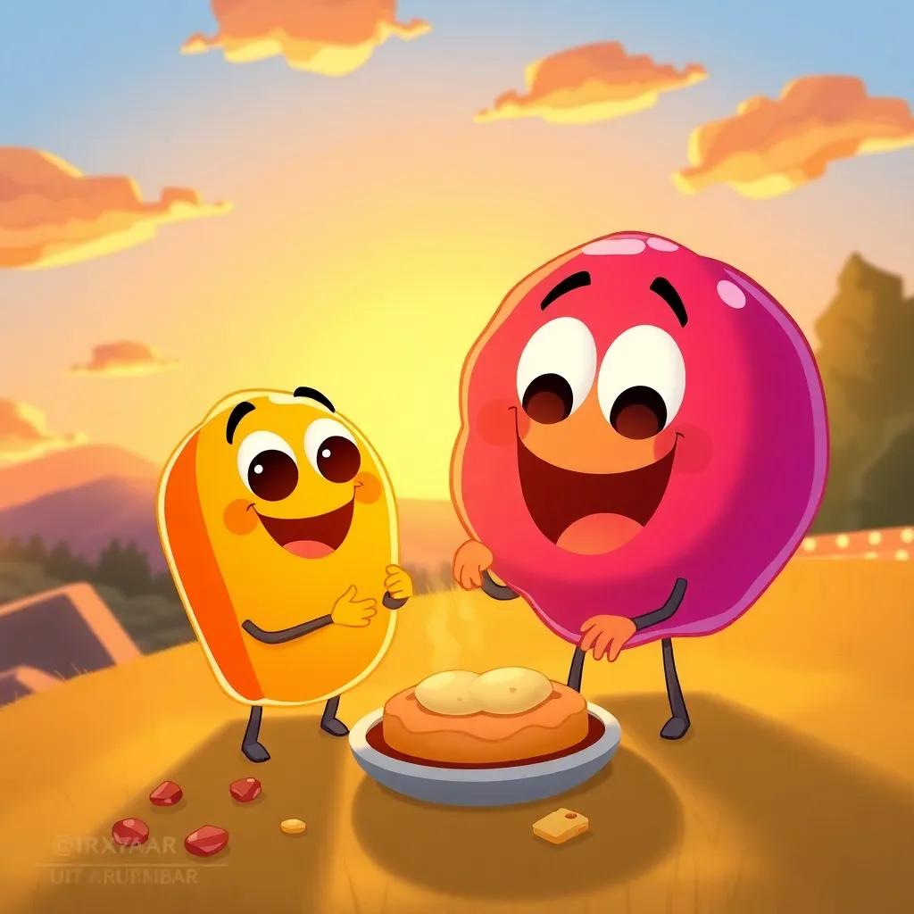 Jelly and Benny finishing their snack under a warm sunset, happy smiles, crumbs around, excited for the next adventure, illustration, charming and uplifting