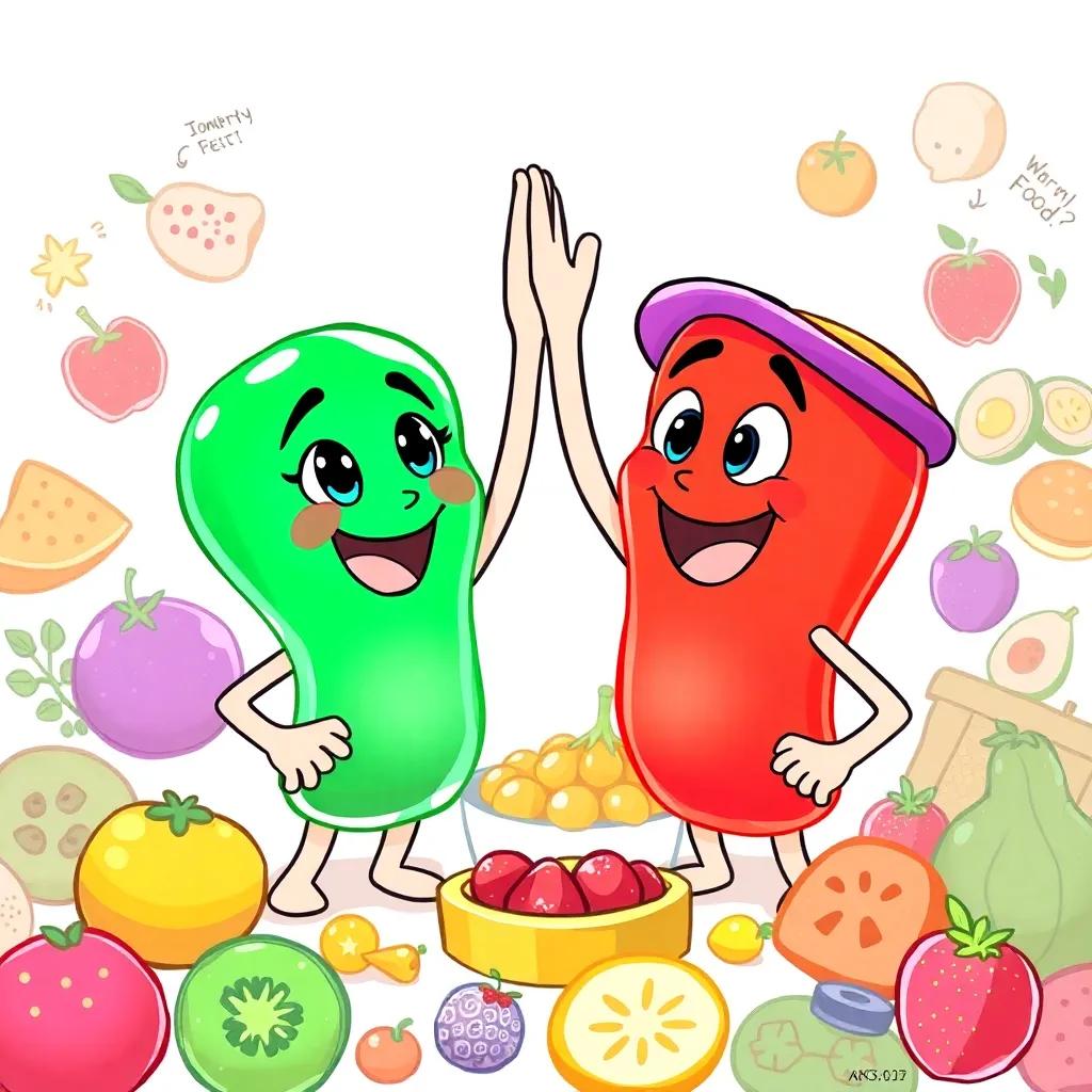 Jelly and Benny high-fiving, surrounded by colorful food, with sketches of fruits around them for the next adventure, joyful expressions, digital art, vibrant colors, warm and inviting
