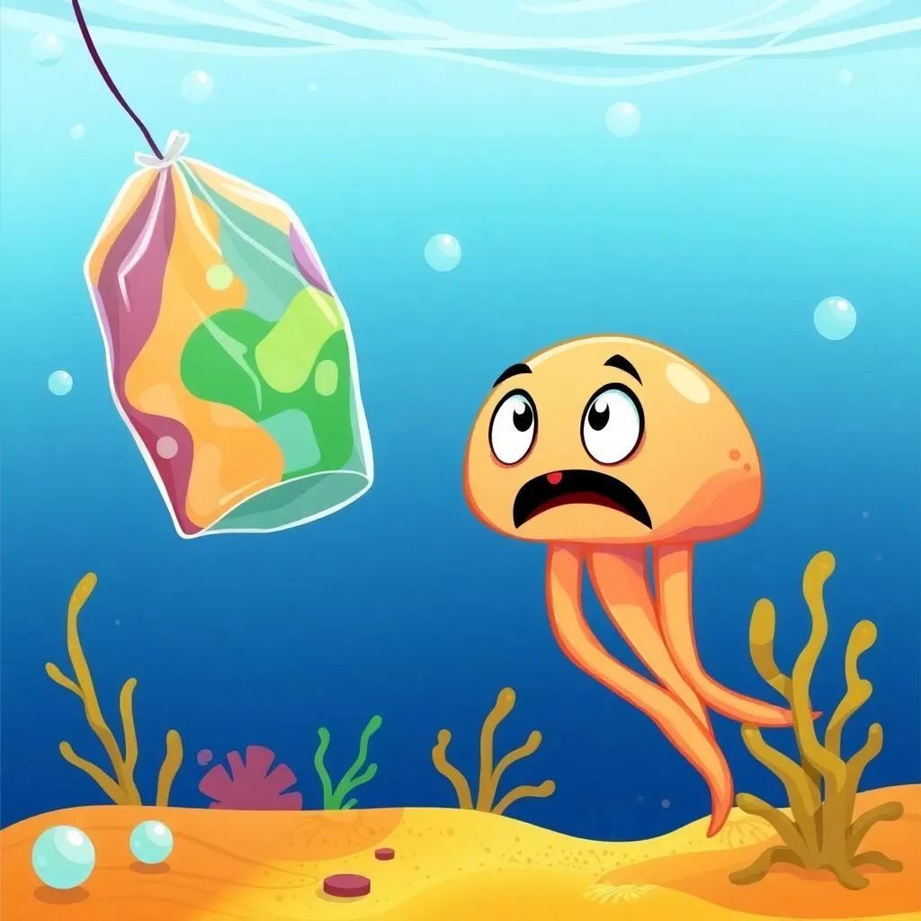 Jelly the jellyfish looking scared while a colorful plastic bag floats towards her, ocean floor in the background with bubbles and seaweed, vivid colors, engaging and lively, cheerful style, digital illustration