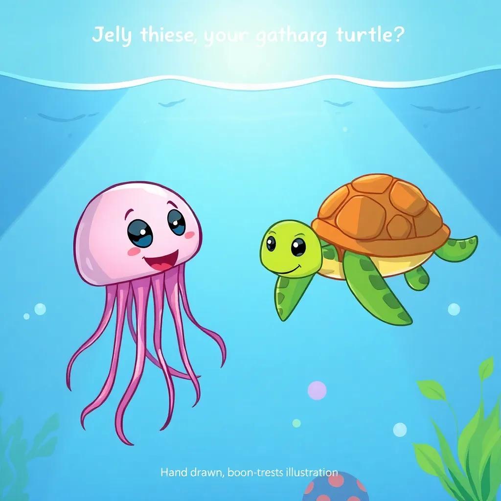 A jellyfish named Jelly gathering courage, talking to a friendly turtle, both floating in the water with bright rays shining, cartoon-style art, colorful, whimsical and inviting, lighthearted perspective, high quality