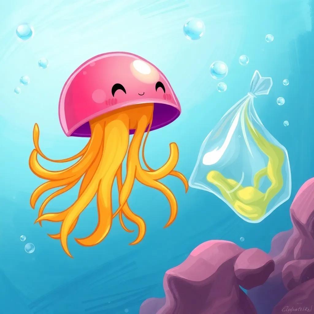 Jelly swimming swiftly, attempting to dodge the shiny plastic bag, ocean in the background with bubbles, bright colors, action-packed scene, digital painting, energetic and fun