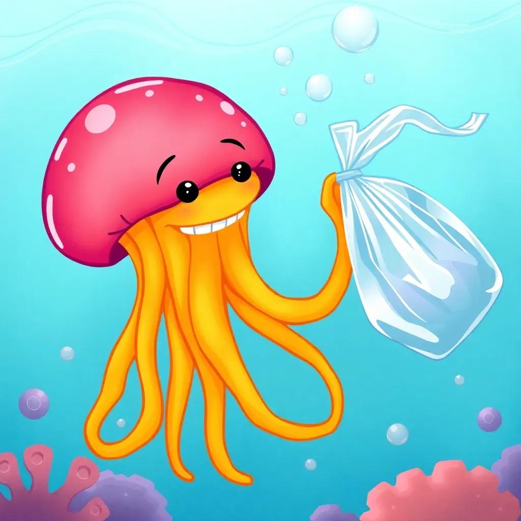 Jelly using her tentacles to wiggle and flick the plastic bag away, showing determination, bright ocean colors, fun and exciting scene, imaginative digital art, showcasing bravery and courage