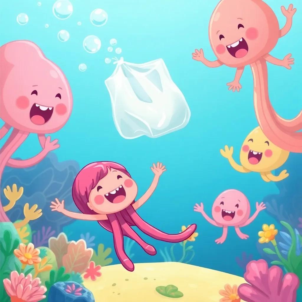 Jelly laughing joyfully as the plastic bag floats away into the distance, her friends cheering around her in a vibrant underwater landscape, colorful, happy atmosphere, uplifting and cheerful illustration