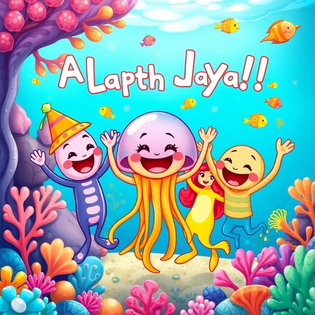 All ocean friends dancing around Jelly in celebration, ocean background with colorful corals and fish, joyful faces, bright colors, fun style, cartoonish and lively perspective, high quality