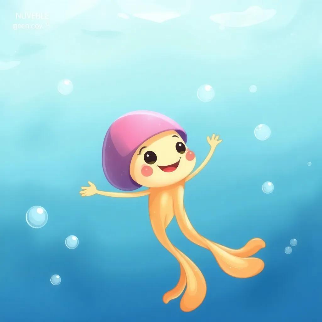 Jelly feeling proud and brave, gliding through the ocean with confidence, bubbles around her, a bright and sunny underwater world, cheerful color palette, aiming for a heartwarming vibe, digital painting