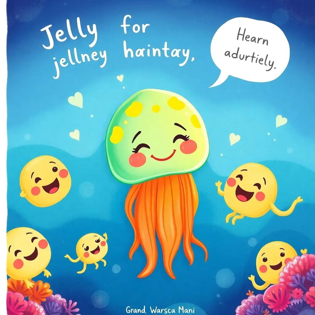 Jelly the jellyfish reflecting on her journey, surrounded by her friends with happy expressions, ocean scenery with glowing light, heartwarming and motivational atmosphere, colorful and inviting art style