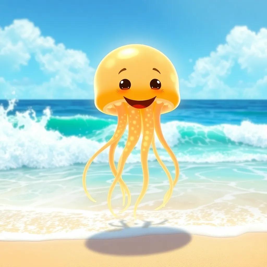 A bright and sunny beach with waves crashing, a happy jellyfish with glowing tentacles named Jelly, dancing in the water, playful atmosphere, high resolution