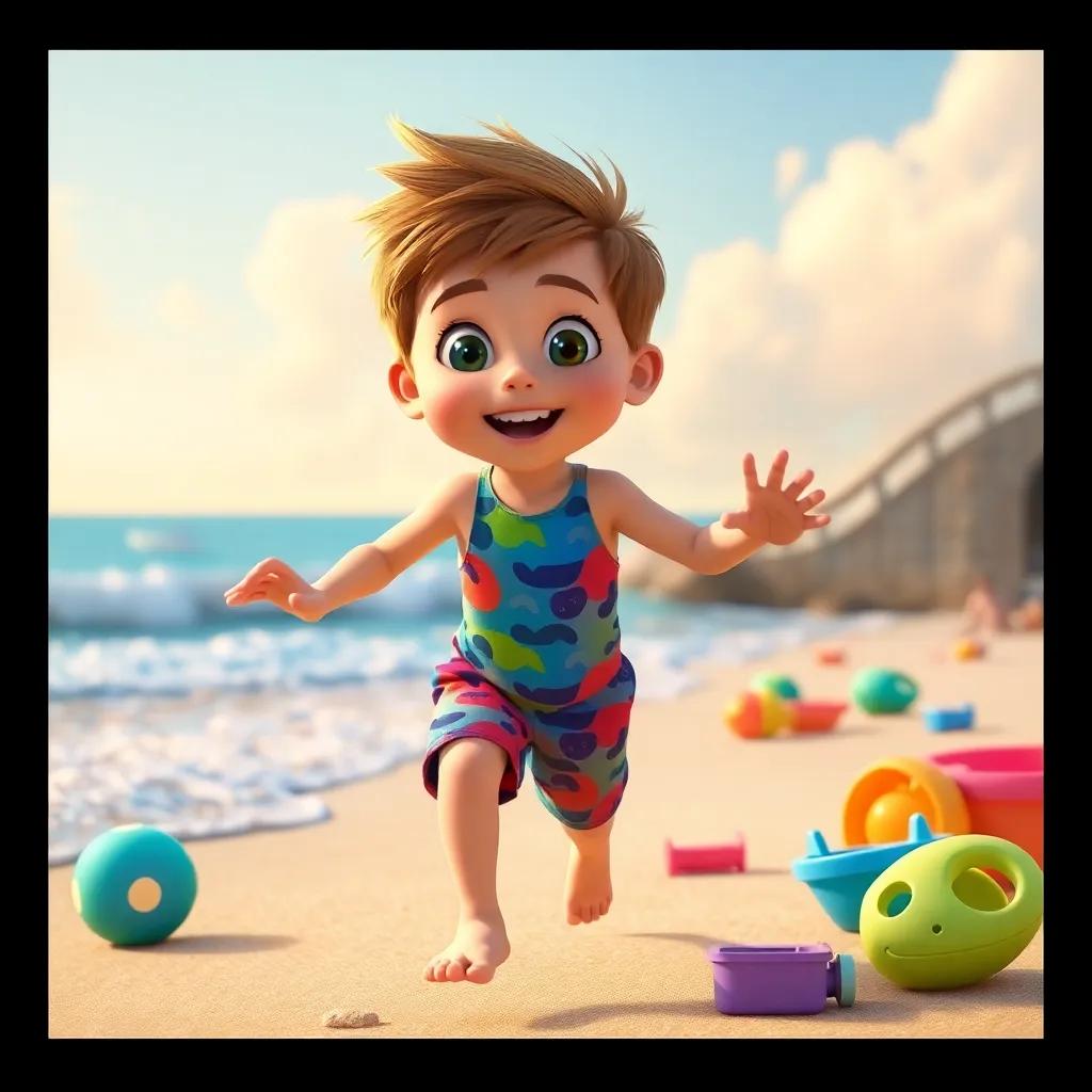 A little boy named Sam, a Caucasian boy around 5 years old, wearing a colorful swimsuit, running towards the ocean with determination, excited expression, colorful beach toys around