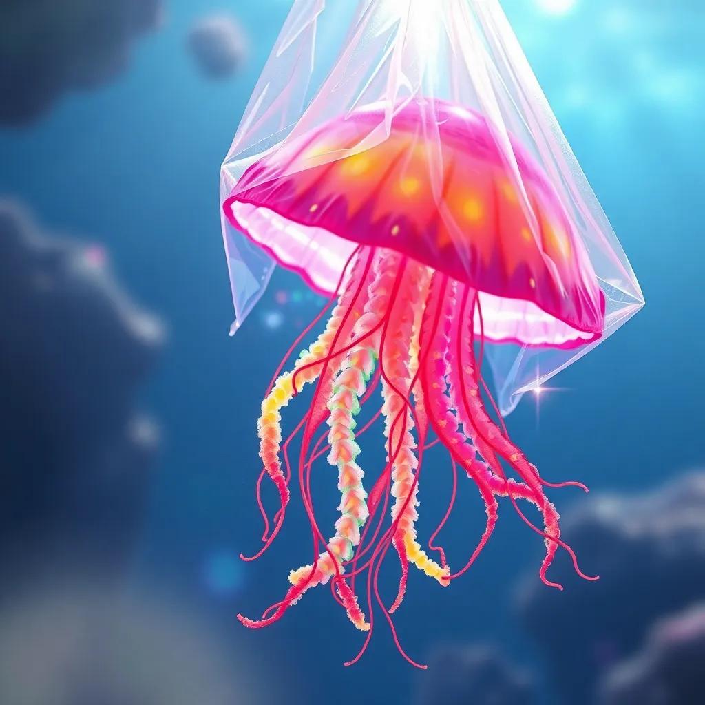 Jelly the jellyfish trapped in a clear plastic bag, her colorful tentacles glowing, with sunlight filtering through the water, emphasizing her beauty, vibrant colors