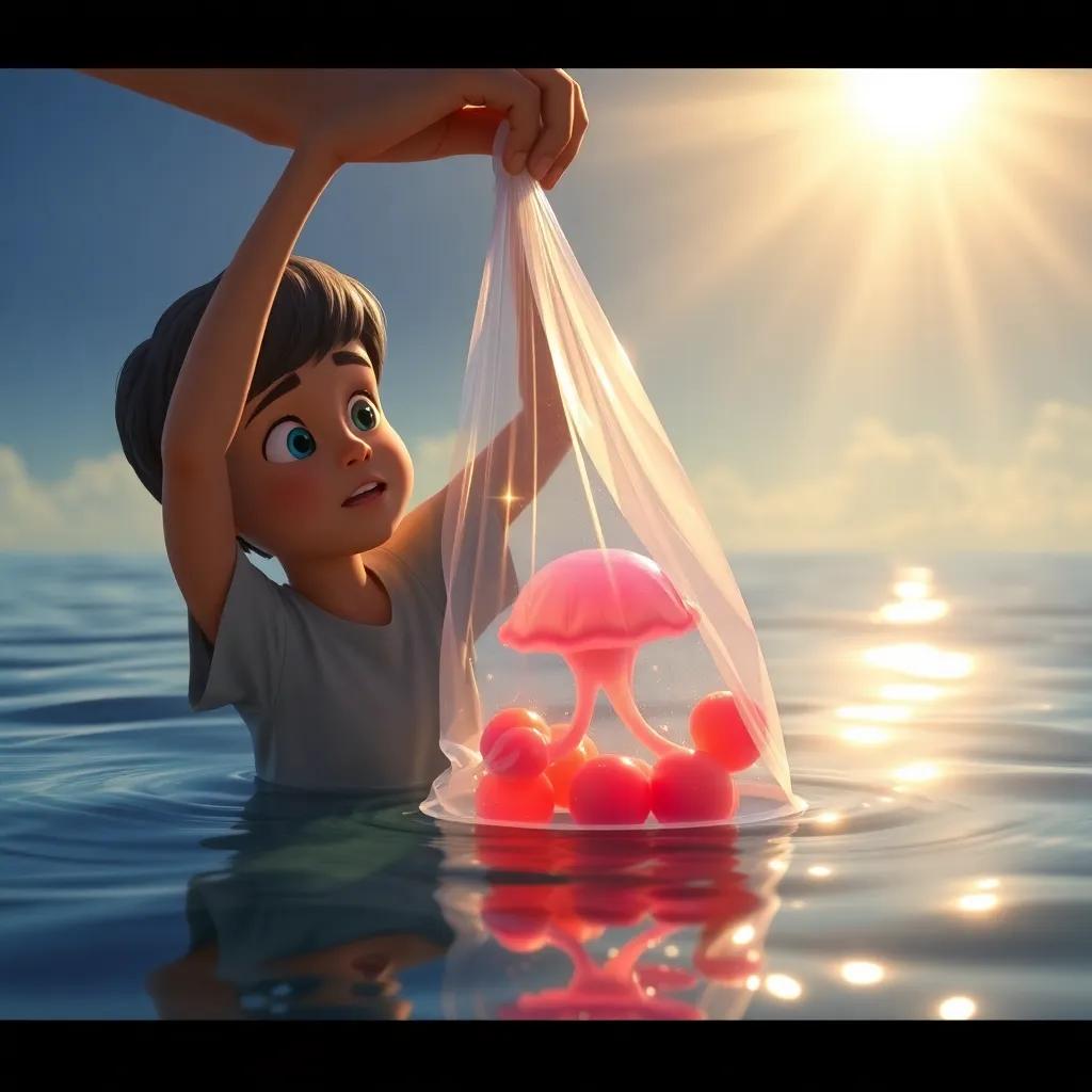 Sam gently lifting the plastic bag with Jelly inside, looking amazed, the sun shining down, depicting both concern and care, brilliant light play on water