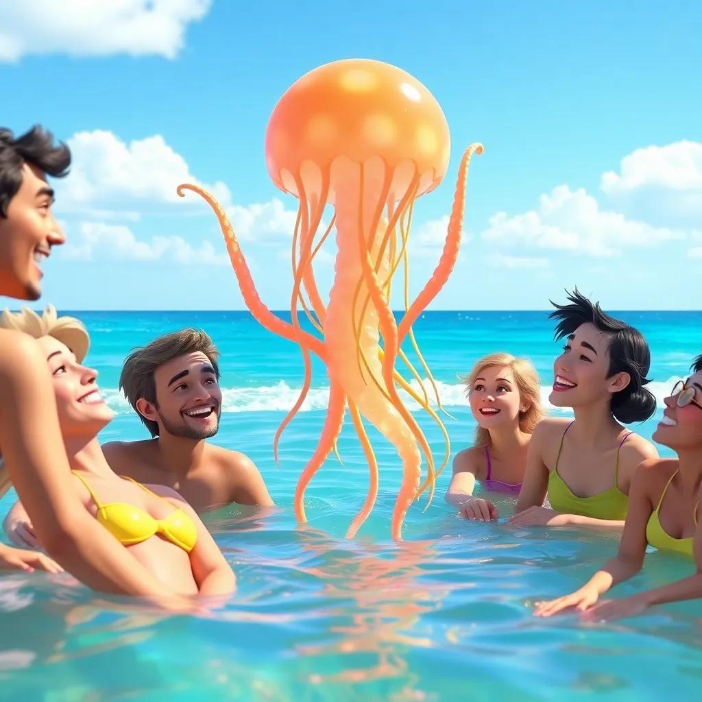 A group of beachgoers smiling, listening to Jelly, who is waving her tentacles in the water, a joyful scene, bright colors, uplifting atmosphere, sense of community