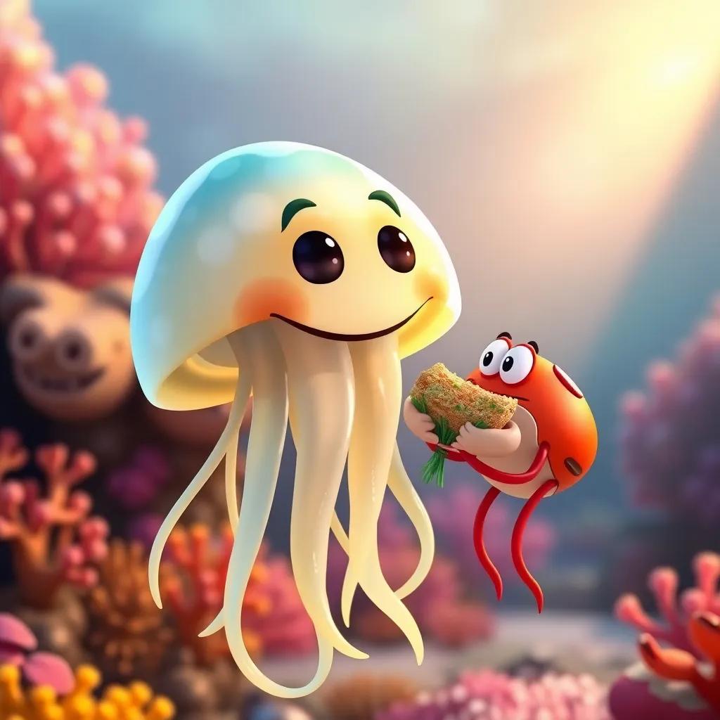 Jelly the jellyfish, with long tentacles and a big smile, receiving seaweed bread from Demi the crab, colorful coral reef background, warm lighting, playful scene, high-quality