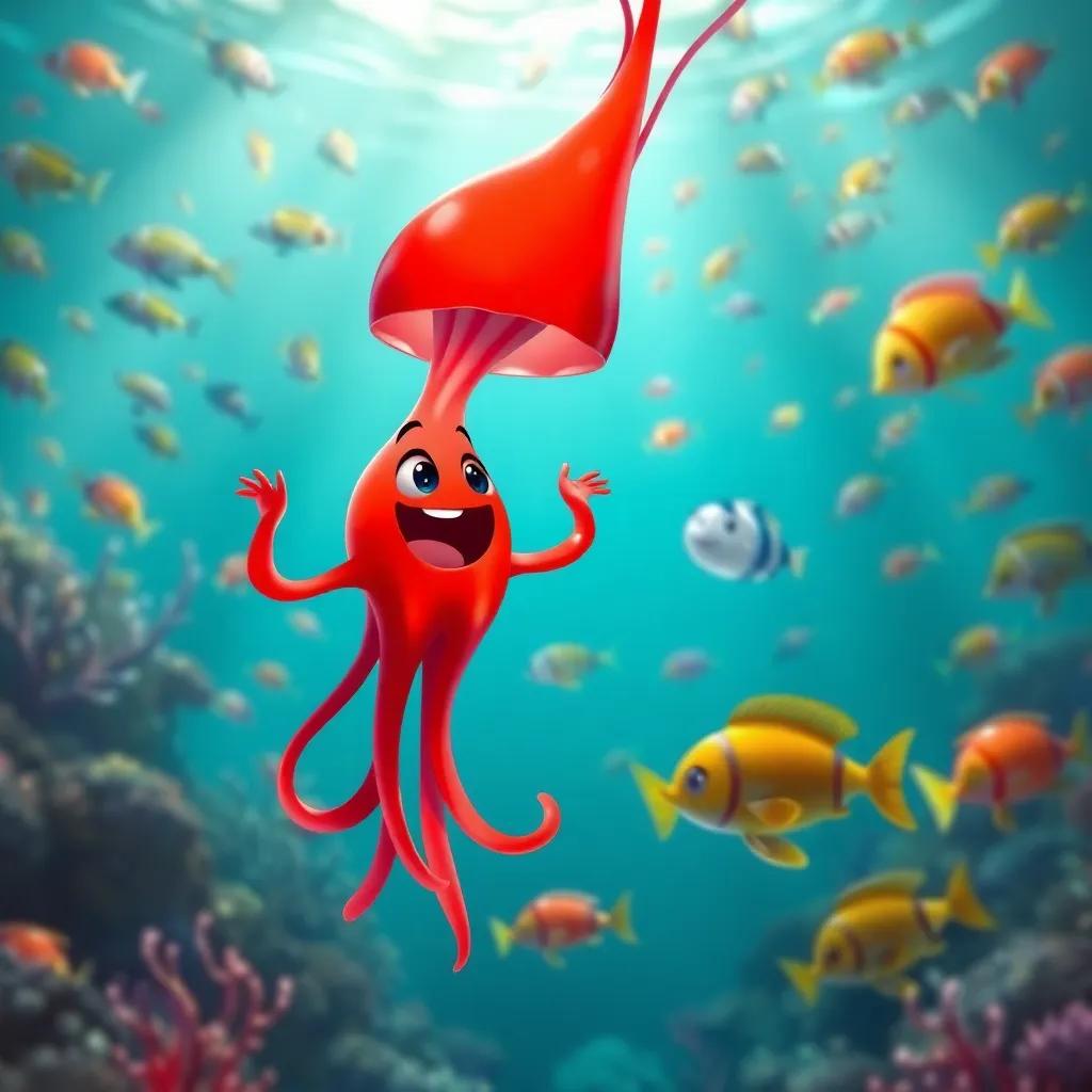 A bright red jelly squirted by Susan the squid, Jelly the jellyfish excited, ocean full of fish, details of underwater life, fun color palette, engaging perspective, vibrant