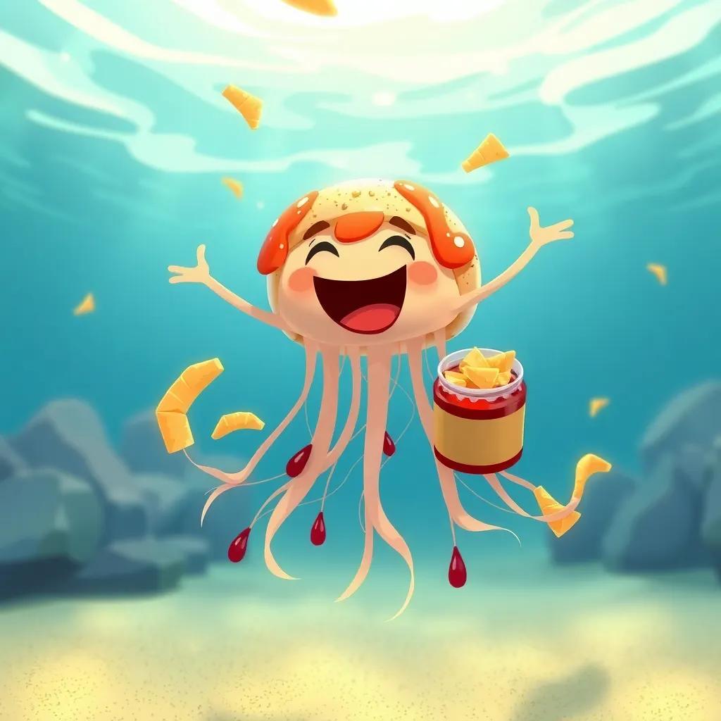 Jelly floating happily with bread, jam, and crunchy fish chips, ocean floor with sandy textures, celebrating with friends, joyful colors, detailed, uplifting illustration