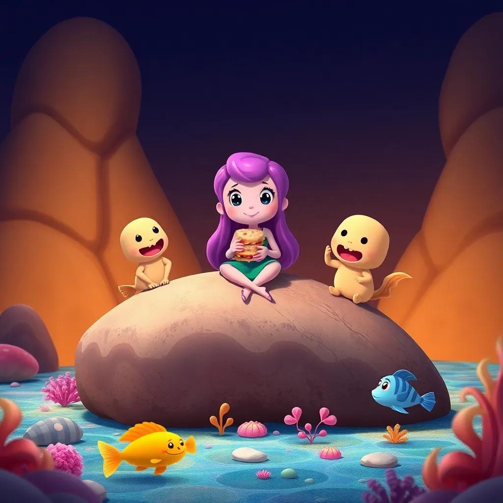 Jelly sitting on a big rock, friends around her excited to share sandwiches, playful fish and colorful ocean floor, warm inviting colors, digital art, child-friendly