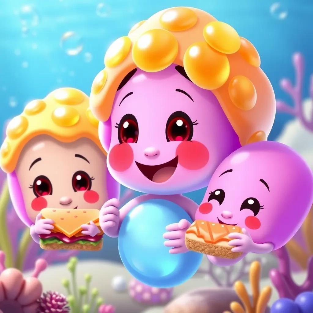 Jelly counting down with her friends to eat the sandwich together, cheerful smiles on colorful faces, underwater scenery, bright, fun atmosphere, high-quality