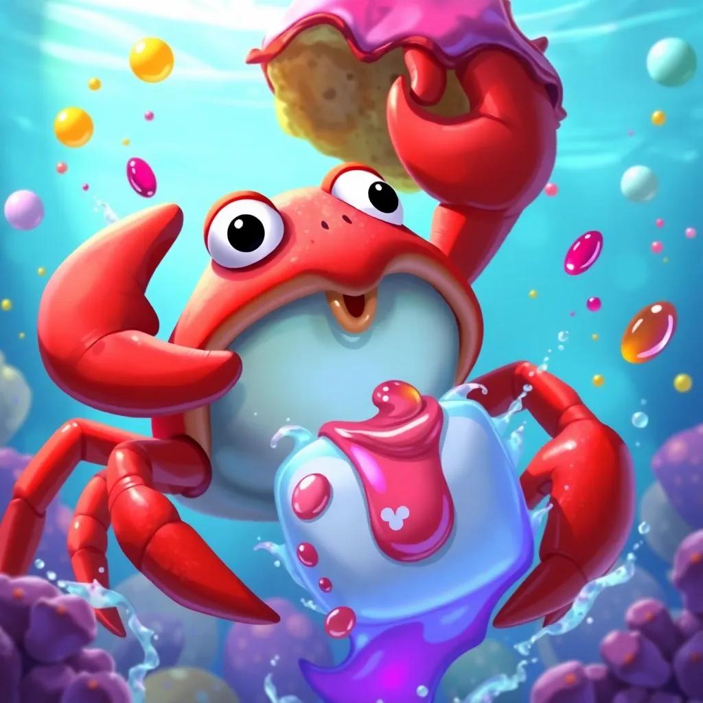 Demi the crab delightedly tasting Jelly's jam sandwich, splashes of color and joy all around, underwater adventure atmosphere, vibrant colors, detailed
