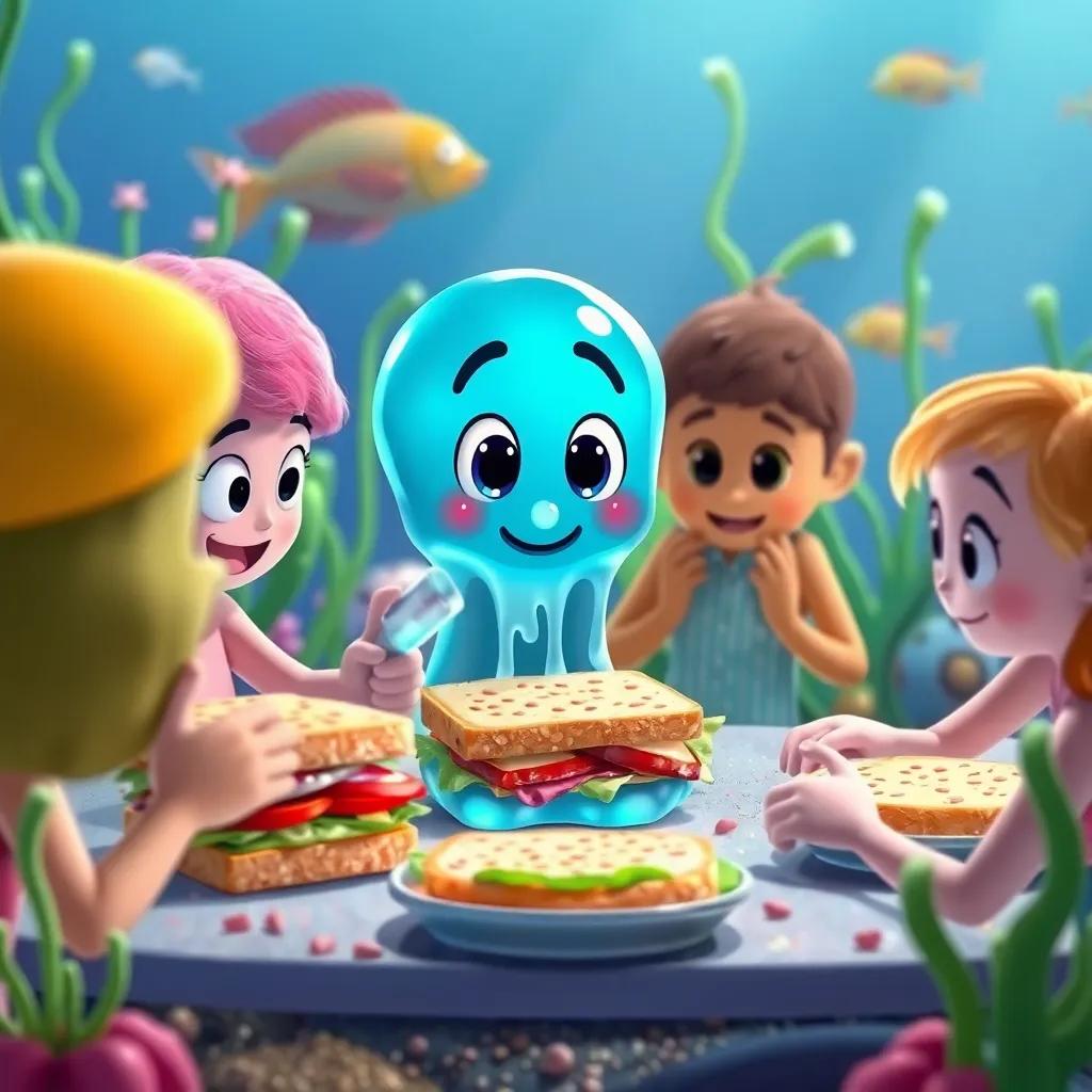 Jelly looking surprised and happy as friends gather to make their unique sandwiches, sea plants and fishes in the background, colorful, encouraging creativity, engaging