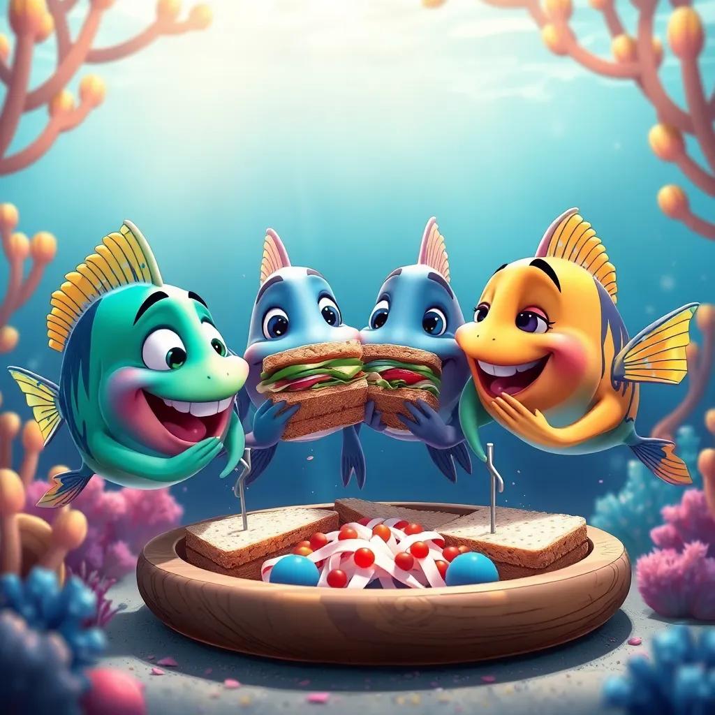 All the fish friends creating their sandwiches together, playful and enjoyable scene, underwater world full of color, celebrating friendship, inviting colors, high quality