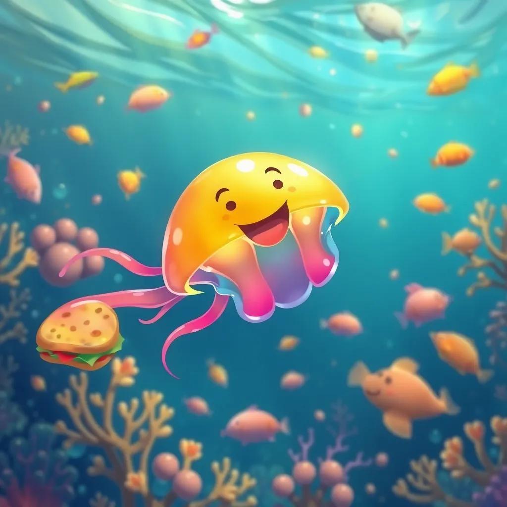 Jelly floating joyfully in the sea, reflecting good times with friends and tasty sandwiches, intricate sea life around, warm colors, joyful vibe, colorful illustration