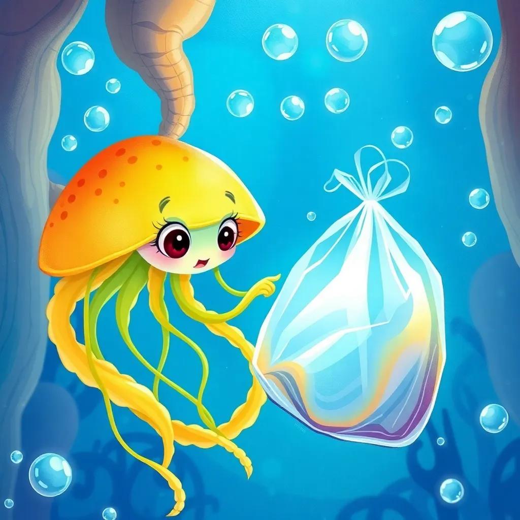 Jelly the jellyfish with her tentacles touching a shiny plastic bag underwater, curious expression, surrounded by bubbles, magical underwater world, bright colors, engaging perspective, charming