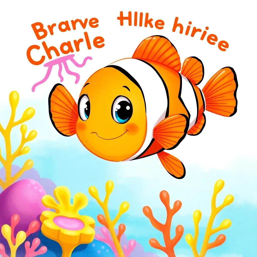 A brave clownfish named Charlie, swimming near Jelly, looking determined to help her, surrounded by colorful coral, bright and cheerful colors, friendly cartoon style, playful