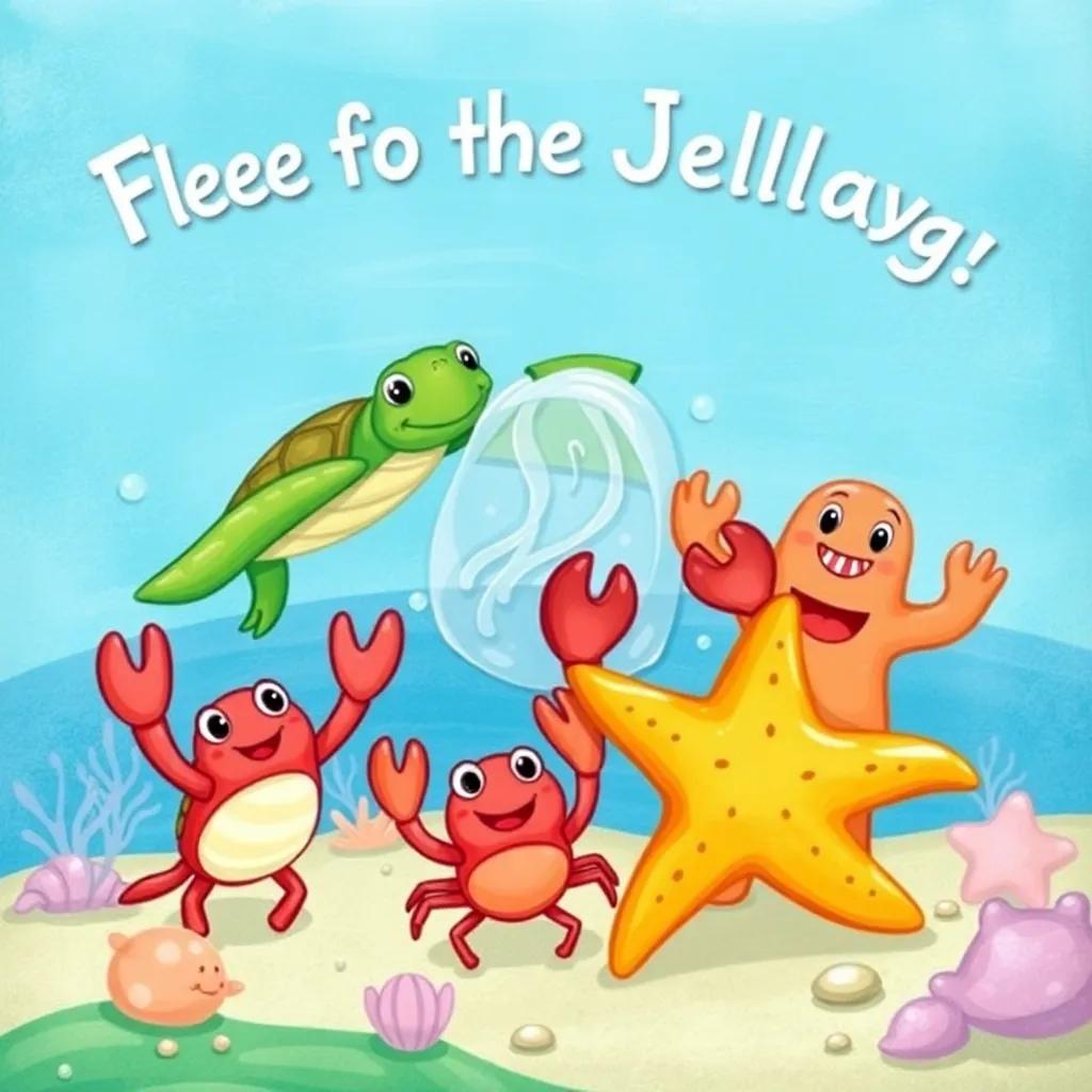 A group of sea animals including a turtle, crabs, and starfish, working together to free Jelly from the plastic bag, teamwork atmosphere, colorful ocean backdrop, joyful and engaging, family-friendly