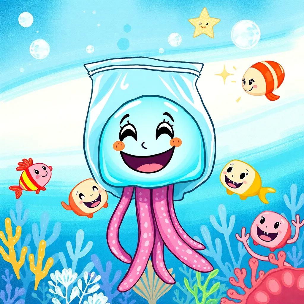 Jelly the jellyfish smiling as she breaks free from the plastic bag, surrounded by her sea friends celebrating, fun and colorful underwater scene, uplifting and vibrant, happy celebration