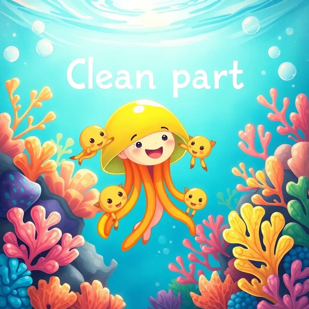 Jelly leading her friends to a clean part of the ocean, surrounded by beautiful corals and clear water, bright and inviting colors, hopeful atmosphere, adventurous spirit, high quality