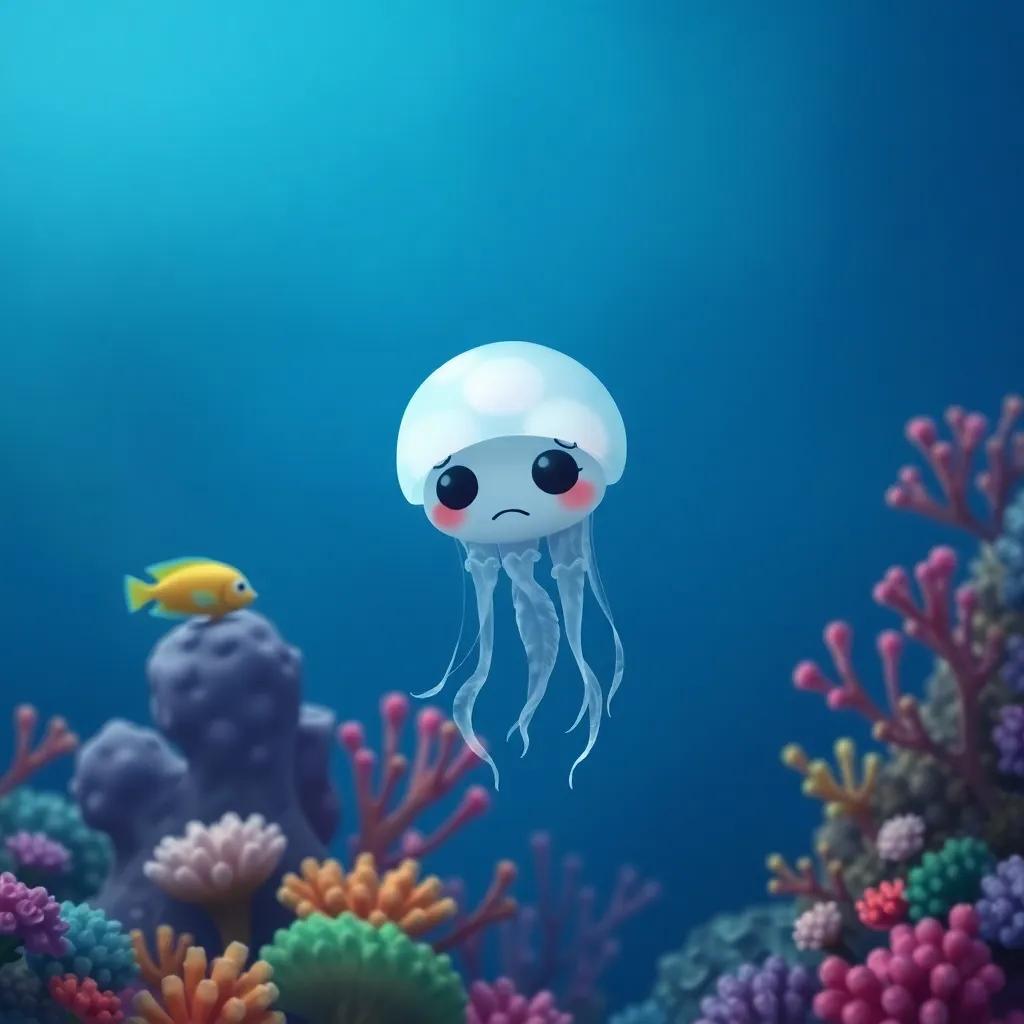A sad jellyfish, Jelly, floating in the deep blue sea, surrounded by colorful coral and a few curious fish, digital art, soft colors, peaceful atmosphere, high quality