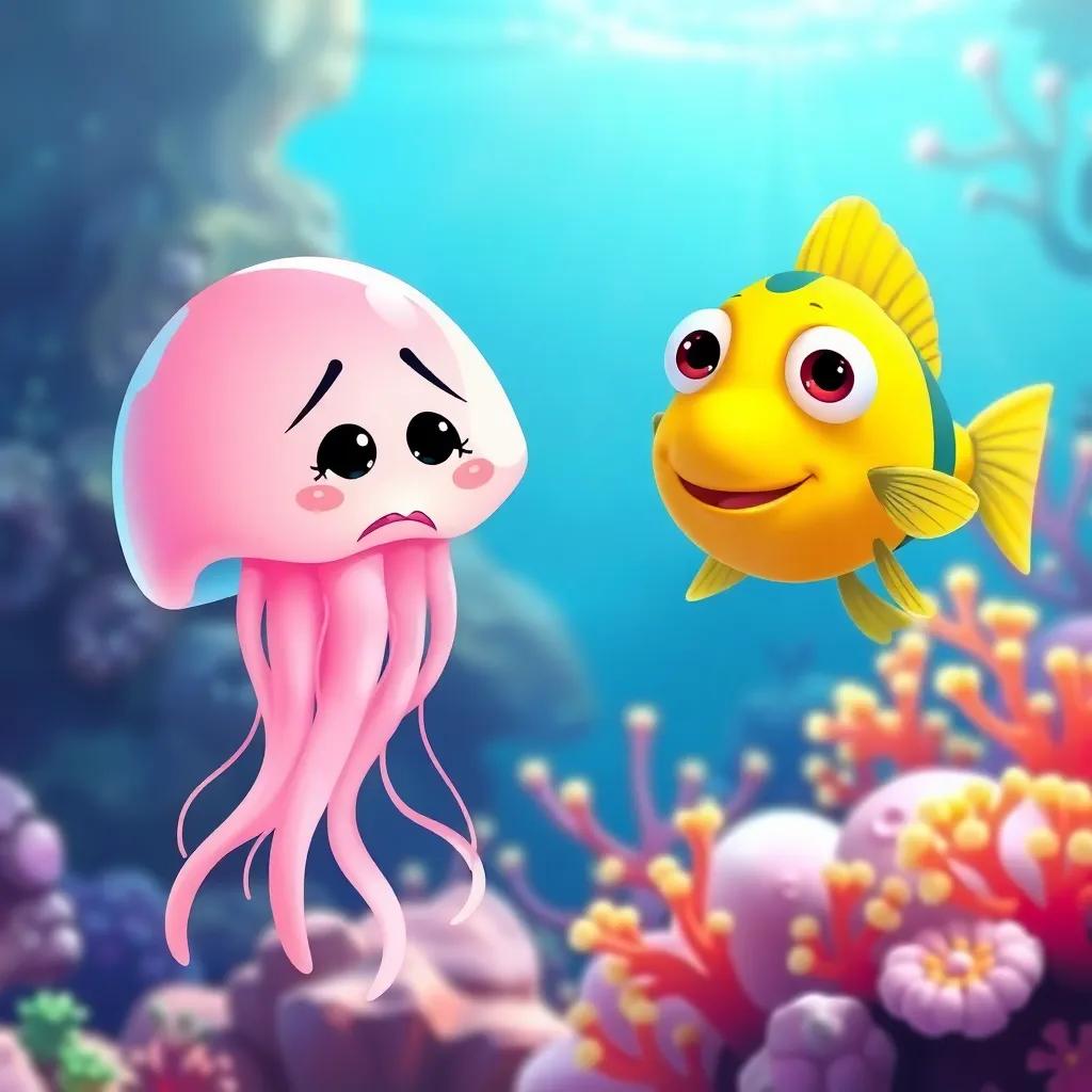 Jelly, a sad jellyfish, talking to a friendly fish with big eyes, coral reef in the background, bright and cheerful underwater scene, illustration, engaging and inviting, child-friendly