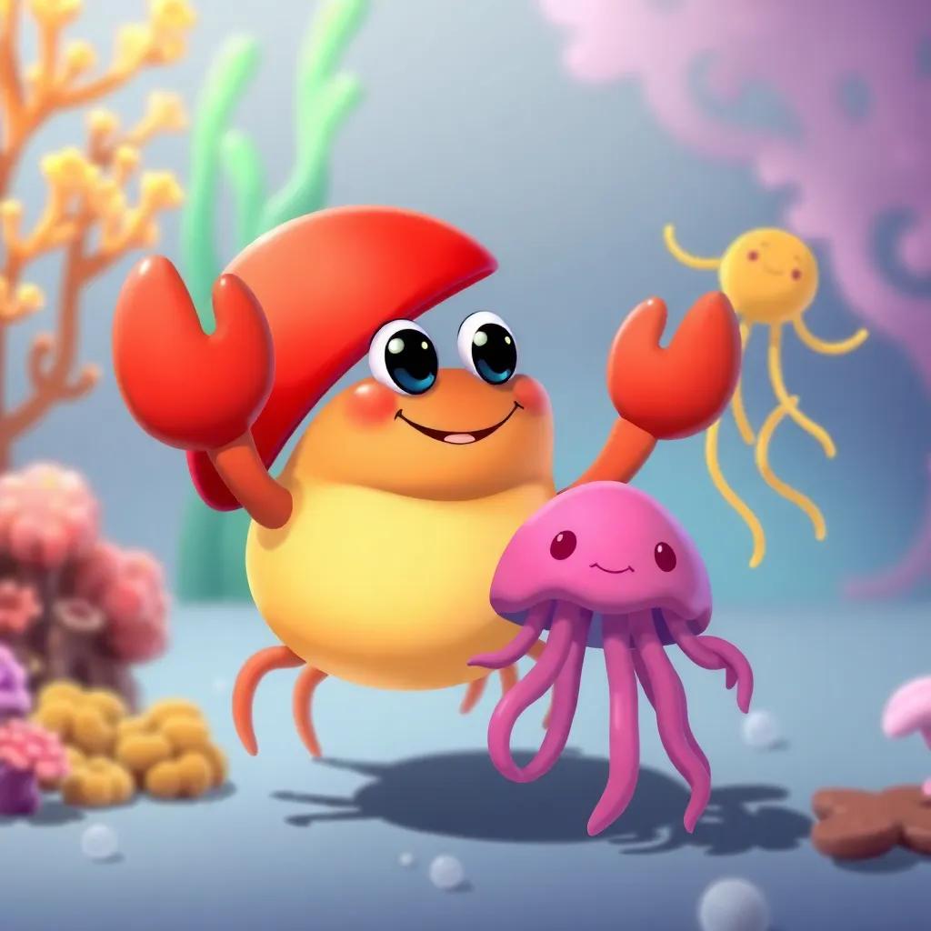 A crab with a vibrant red shell, smiling at Jelly the jellyfish, bright coral and sea plants in the background, whimsical style, colorful and cheerful, adorable characters, child-safe