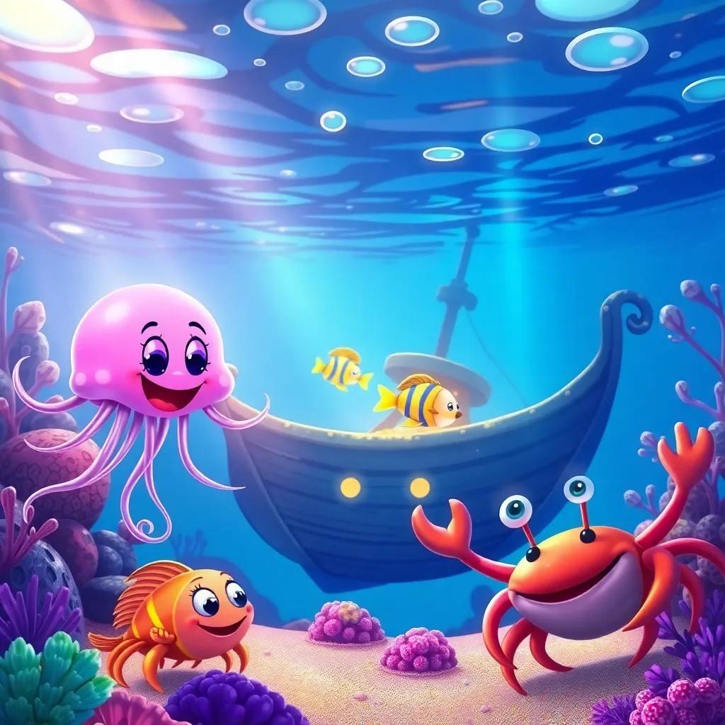 Three underwater friends, Jelly the jellyfish, bright fish, and a smiling crab near a sunken ship, treasure glimmering inside, colorful and bright light, friendly vibe, engaging illustration