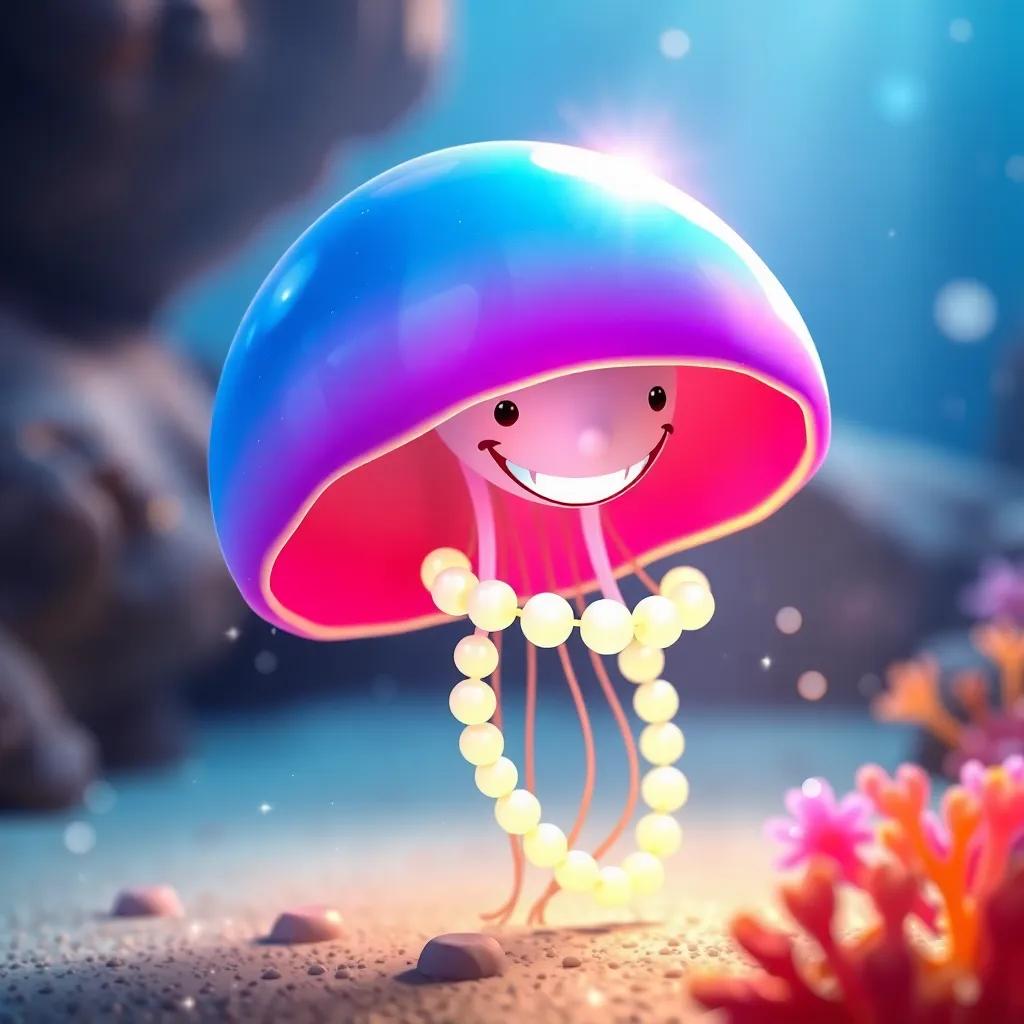 Jelly wearing a glowing pearl necklace, brightening up underwater surroundings, joyful and sparkling scene, vibrant colors, soft light, heartwarming, high quality