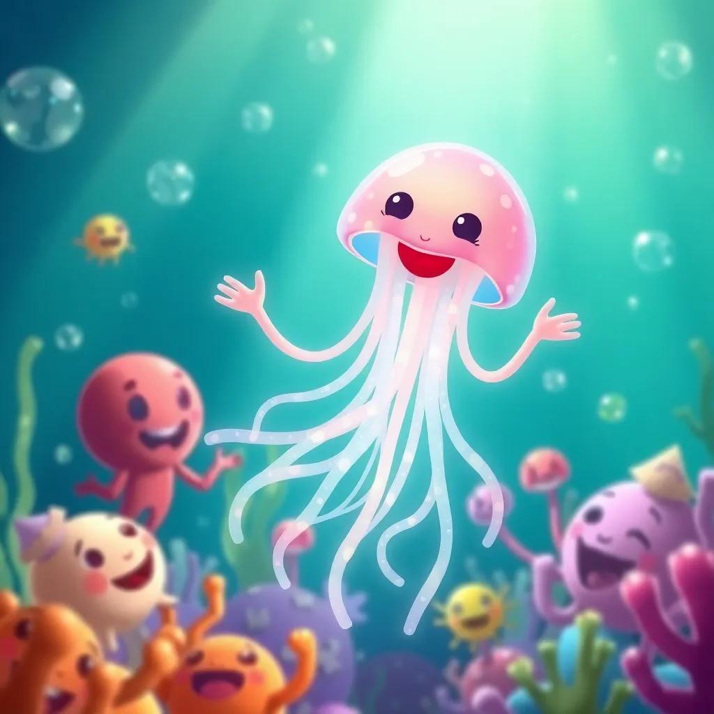 A joyful jellyfish, Jelly, dancing with her friends and glowing brightly, sea creatures celebrating, colorful and lively underwater party, illustration, inviting imagery, fun