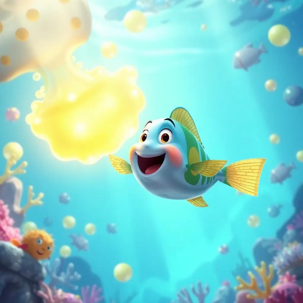 An excited fish, swimming next to Jelly glowing like the sun, underwater friends gathered and enjoying, bright and colorful, festive atmosphere, joyful, child-friendly