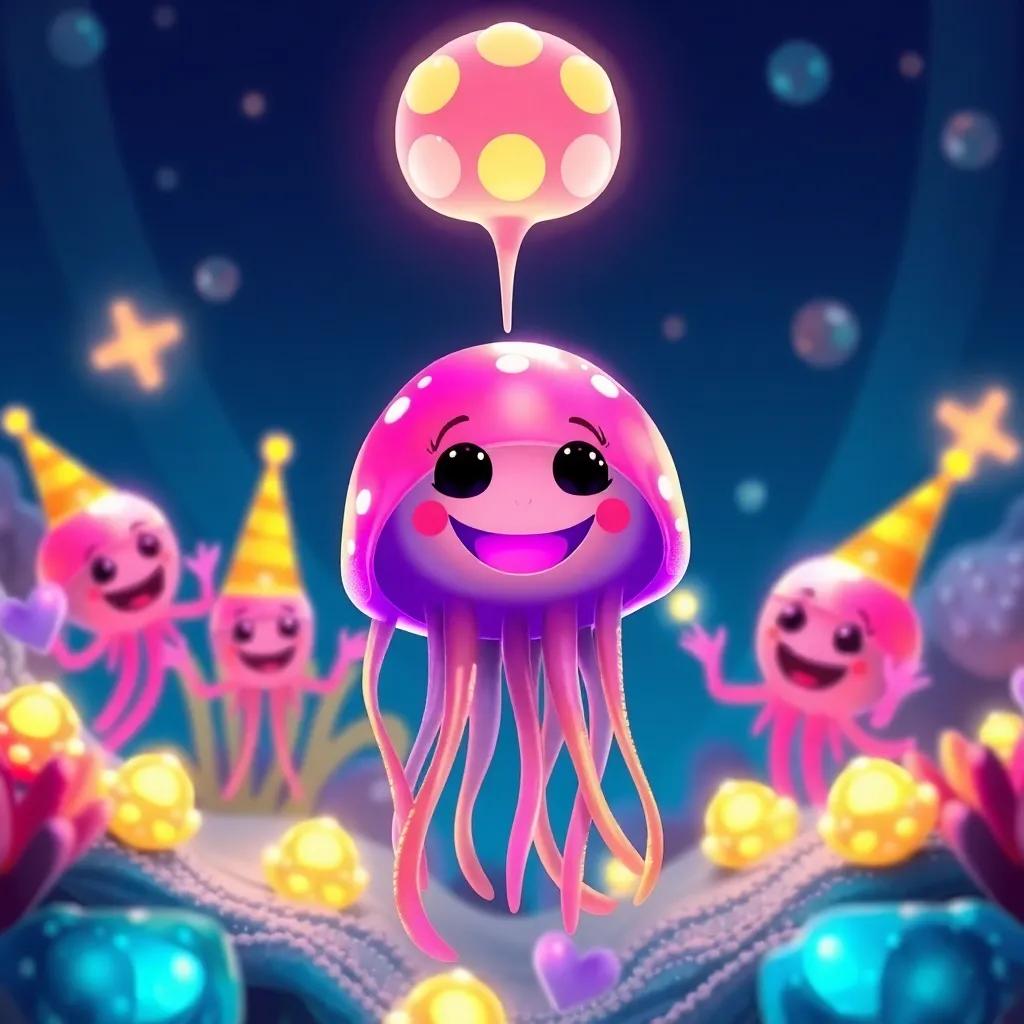 Jelly the jellyfish, glowing happily as her friends celebrate around her, glowing pearls shining brightly, colorful underwater party, engaging scene, vibrant and inviting