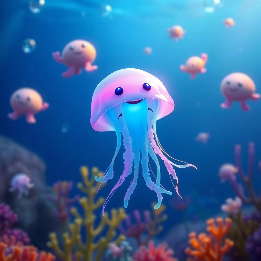 Jelly the jellyfish, proudly swimming with new friends, spreading joy and light through the deep blue sea, uplifting atmosphere, colorful imagery, heartwarming, enchanting