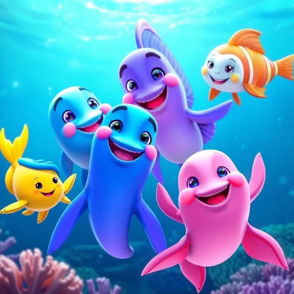 A friendly group of sea creatures, smiling and glowing brightly together, swimming through the ocean, friendly and inviting vibe, underwater harmony, colorful and vibrant, joyful scene