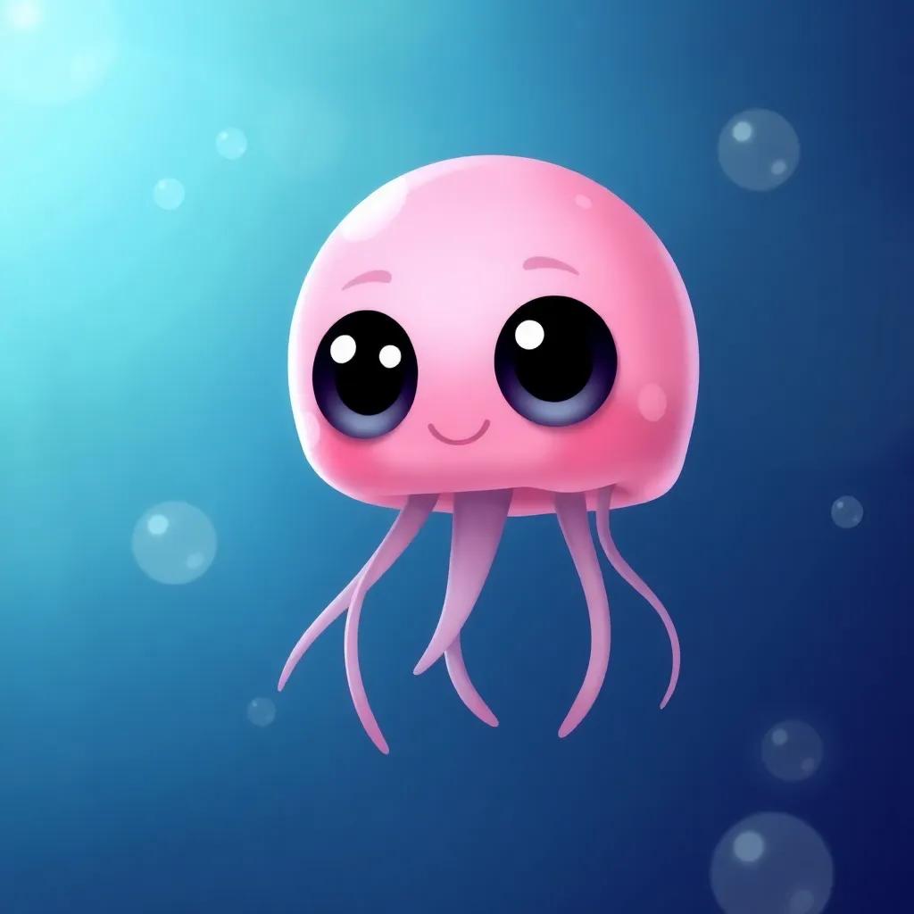 A cute jellyfish, Jelly, with big, round eyes and a pink body, floating in the deep blue sea with bubbles around, digital art, soft lighting, cheerful atmosphere, high quality