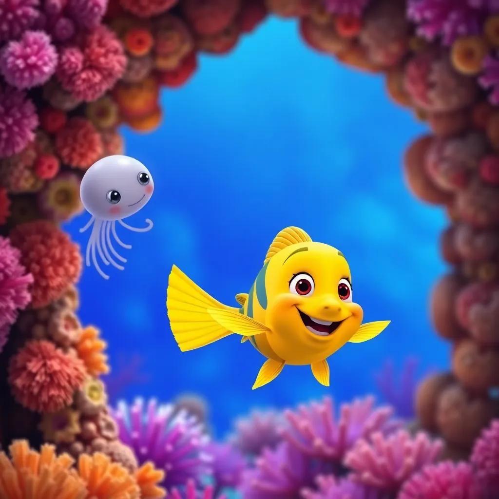 A happy yellow fish, Finny, swimming near Jelly, encouraging her to join the fun, colorful coral background, bright colors, friendly vibe, child-friendly