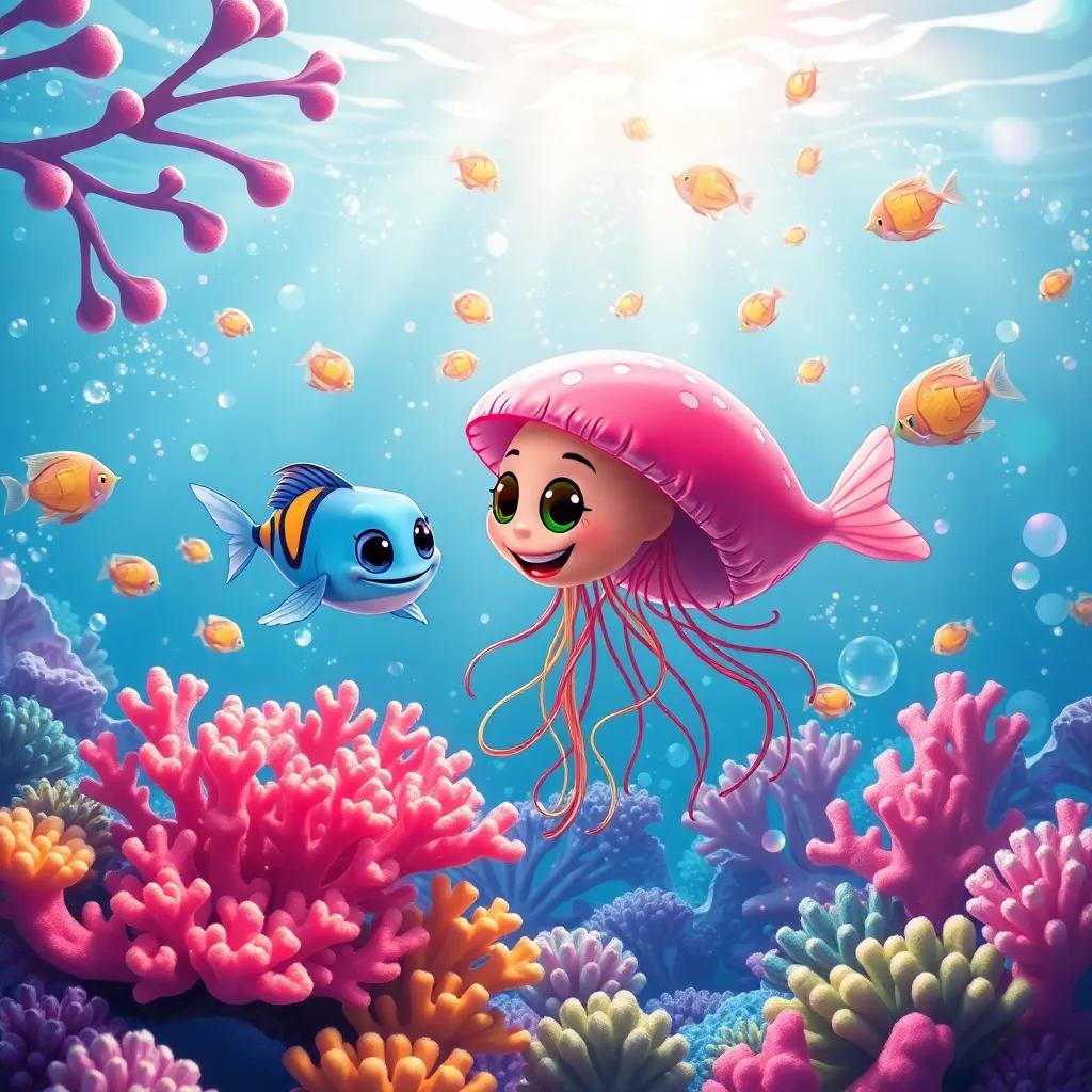 A beautiful scene of coral and sparkling fish surrounding Jelly and Shelly, full of colors and life, cheerful underwater world, digital illustration, high quality