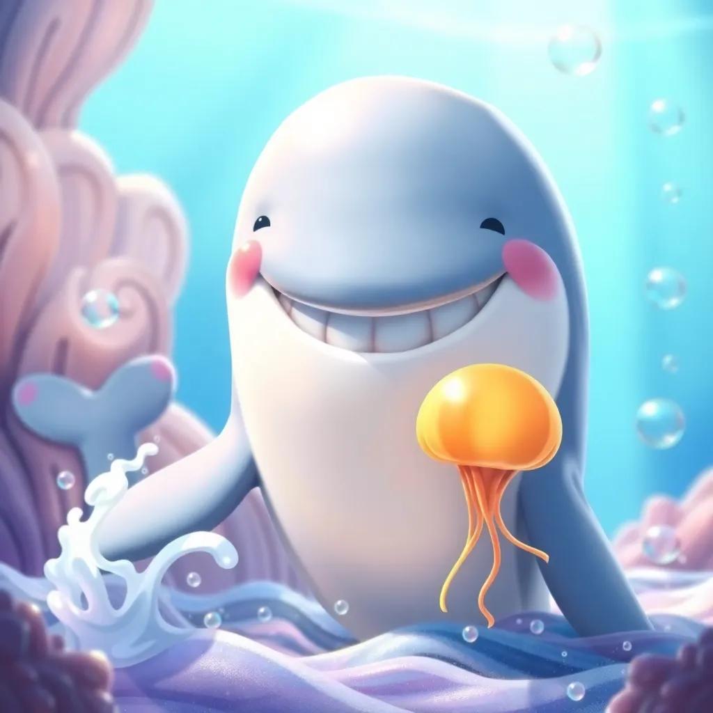A big friendly whale smiling at Jelly with a wave, surrounded by bubbles and ocean light, whimsical and playful scene, vibrant colors, digital art