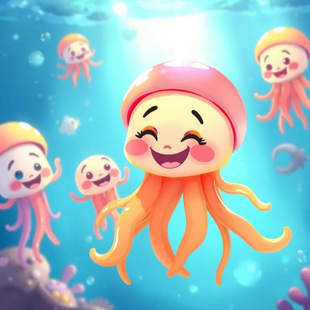 A smiling jellyfish, Jelly, giggling underwater with her friends, bright sparkling water and joyful expressions, colorful scene, digital painting, cheerful vibe, high quality