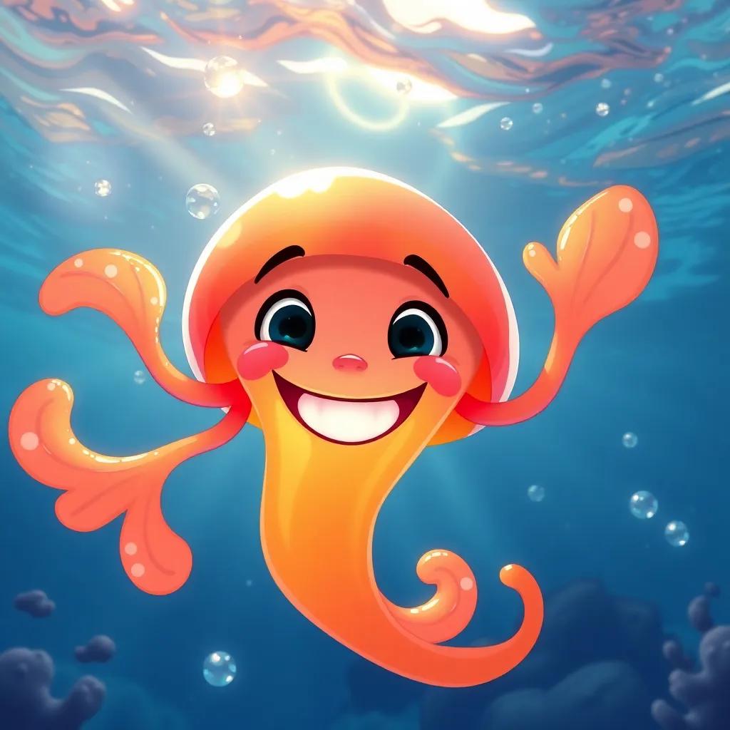 Jelly swimming playfully in the ocean with a big smile, having fun with friends, the sun rays breaking through the water, happy atmosphere, vibrant colors, digital art